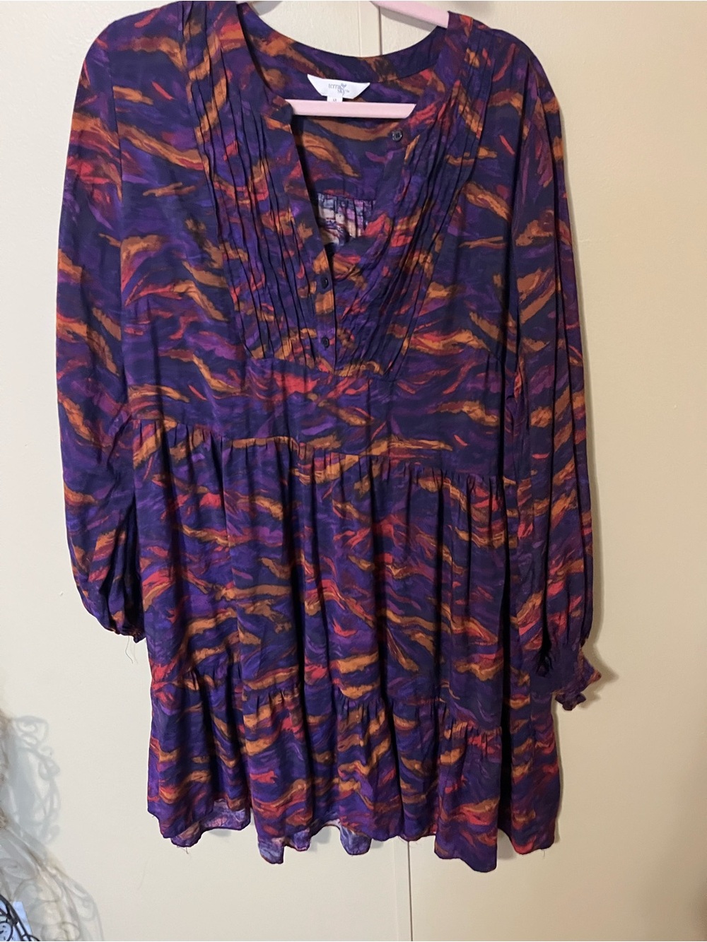 Terra & Sky Purple Printed Tiered Long Sleeve Dress with Orange Accents
